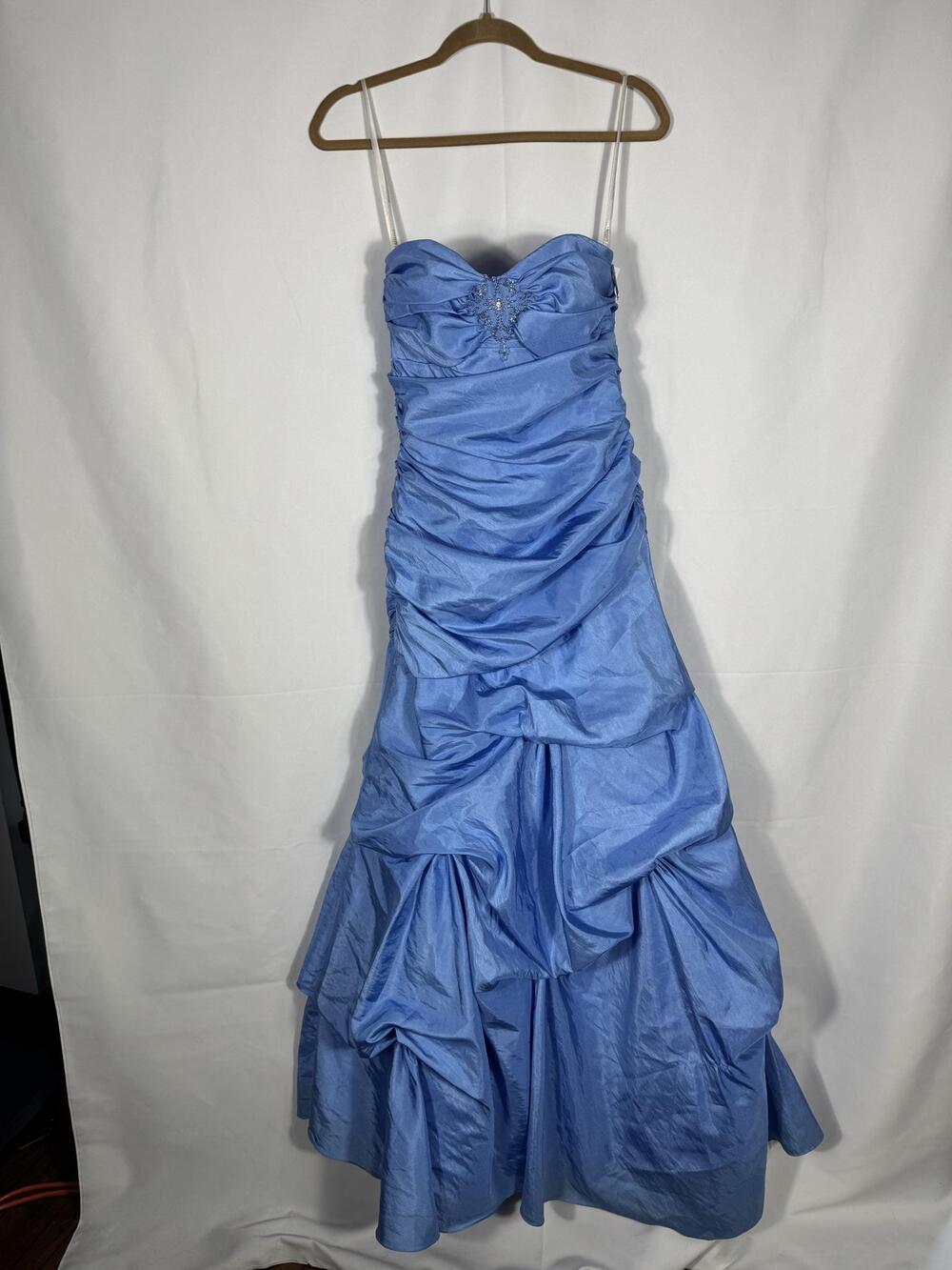 David's Bridal Ball Gown Dress Womens 8 Blue Ruched Beaded Formal Satin